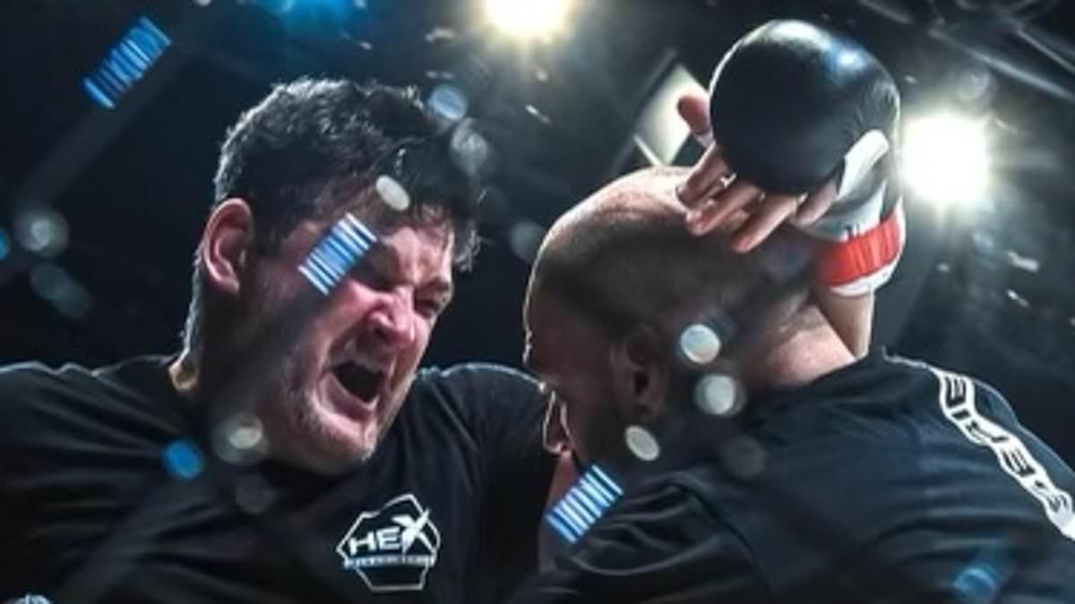Incredible moment footy star Brendan Fevola smiles and winks as he gets beaten up in his first MMA cage fight while 'terrified' daughter Mia watches on
