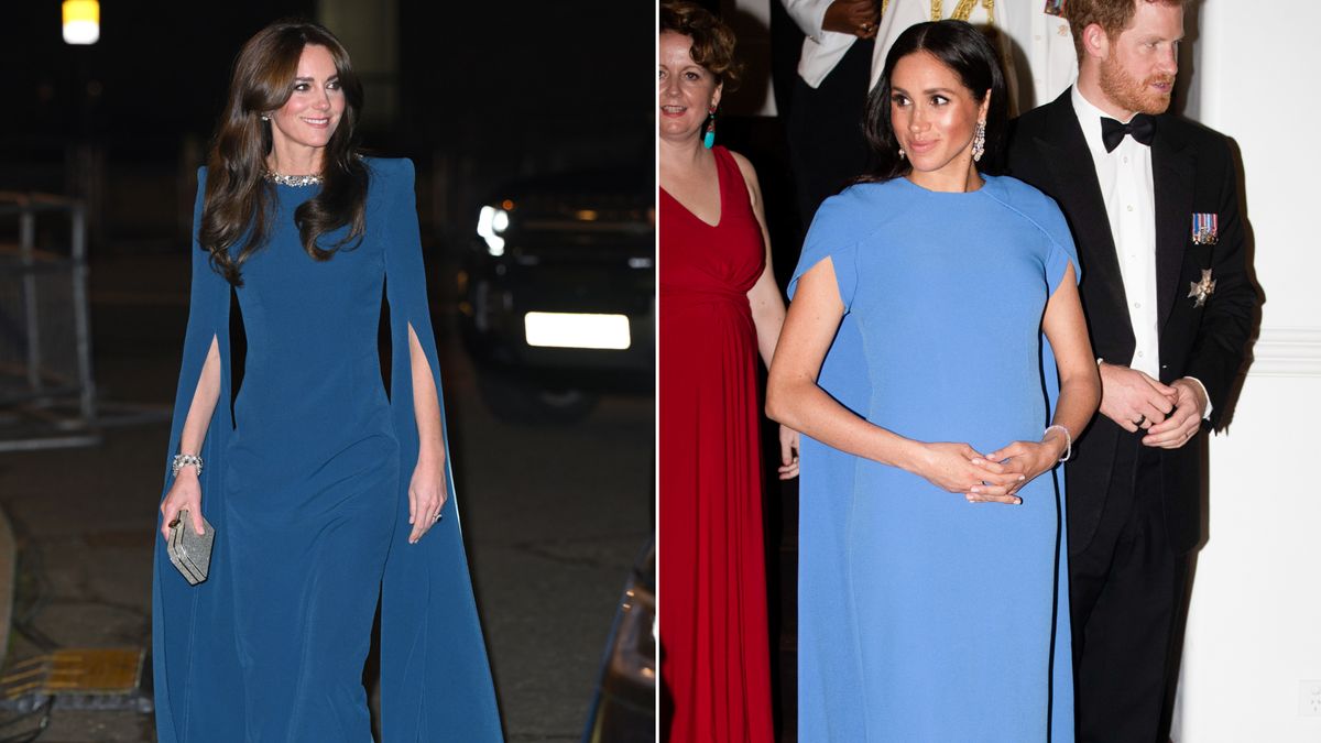 Kate Middleton's Blue Cape Dress Is Nearly Identical to Meghan Markle's 2018 Style