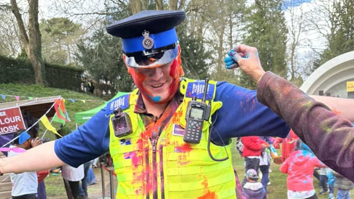 'Dancing while my nan's house was being burgled': Police face backlash after officers covered in coloured paint bust moves at town's Holi Festival