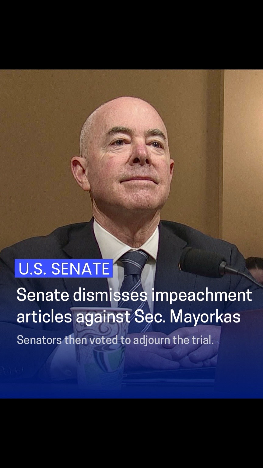 The Senate on Wednesday dismissed the two charges against Homeland Security Secretary Alejandro Mayorkas and ended the brief impeachment trial without rendering a verdict.   The first article — "willful and systemic refusal to comply with the law" — was defeated in a 51–48 nearly party-line vote with Republican Sen. Lisa Murkowski (AK) voting "present."   The second article — "breach of public trust" — was defeated in a 51–49 party-line vote.   Senators then voted along party lines to adjourn the impeachment trial, just the second ever in history for a member of the president's cabinet.   The House very narrowly impeached Secretary Mayorkas on Feb. 13, accusing him of failing to implement im