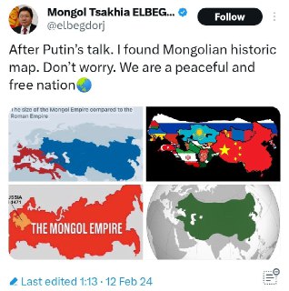 ↩️🖼 🇲🇳 - Remember when former Mongol president posted this on twitter after Putins interview with Tucker Carlson? 😄 Seems even funnier n...