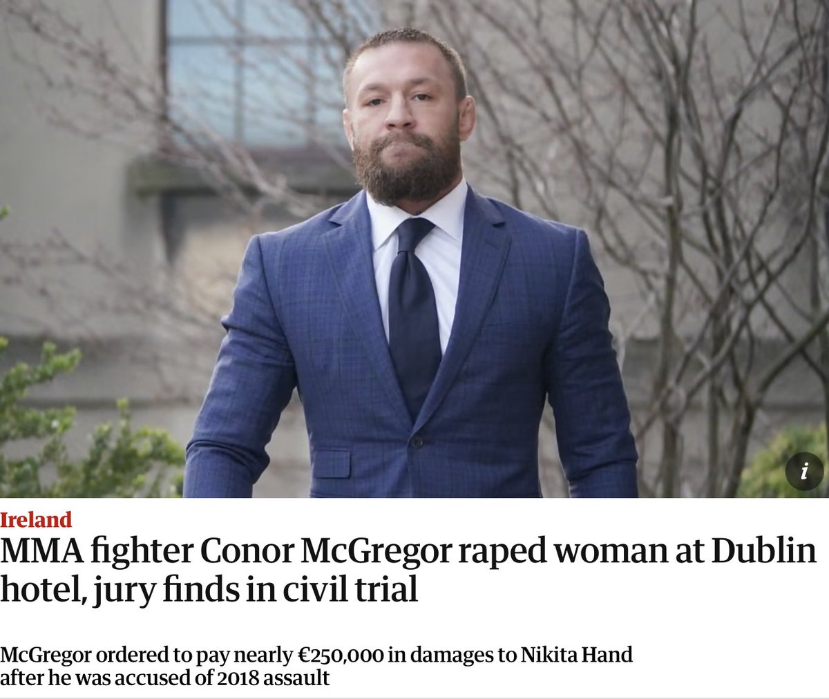 @Cobratate: Bullshit ruling against Conor Mcgregor. Women sleep with rich men and if that man doesn't fund their life afterwards they lie and sue. Their brutal narcissism can't take the L of being undesired. We've set a dangerous precedent. It's literally impossible to be a man in the