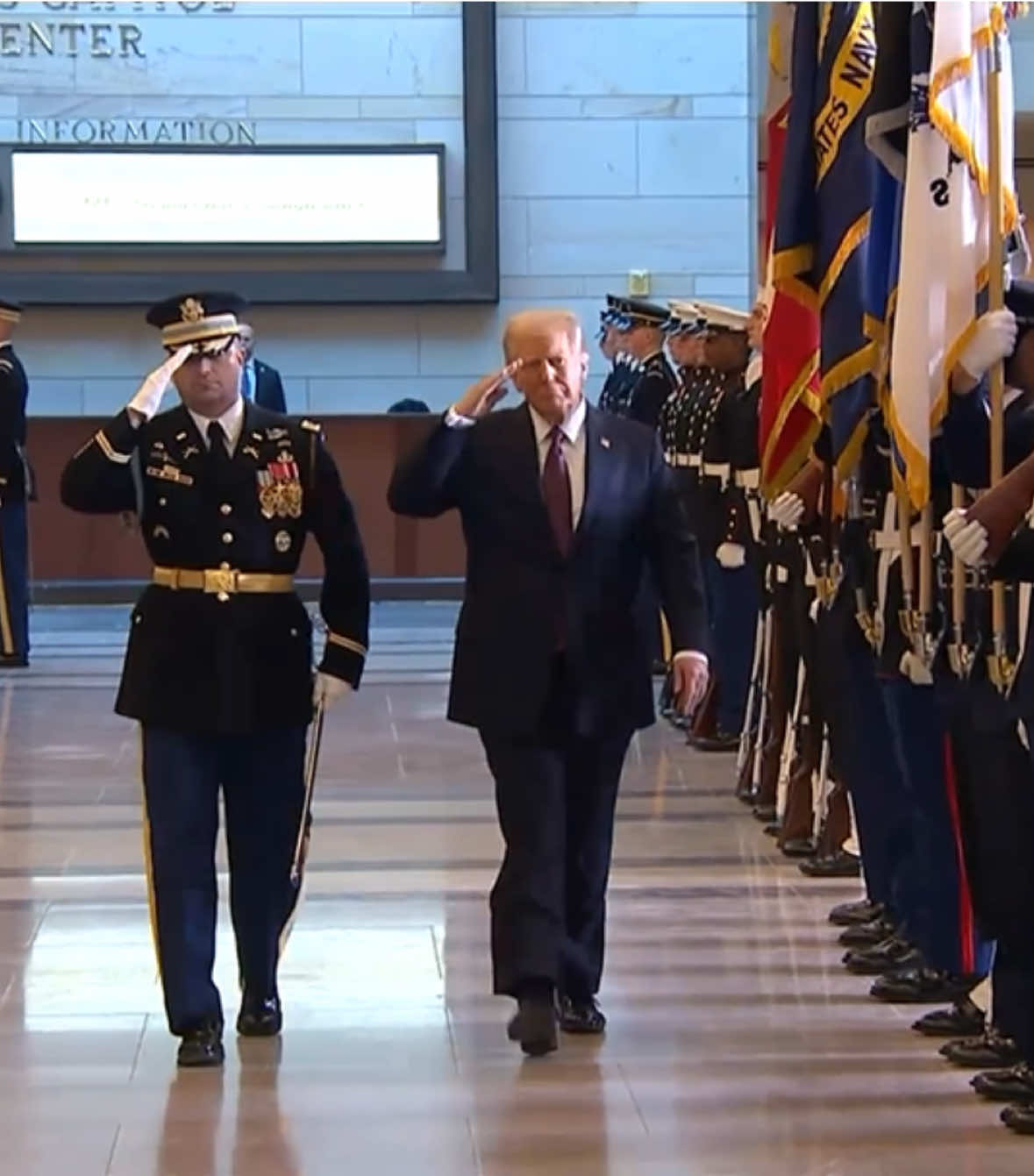 President Trump and first lady Melania Trump participated Monday in the first honors ceremony of the second Trump administration.   The review of the troops was held in Emancipation Hall of the U.S. Capitol Visitor Center after the event was moved indoors due to freezing temperatures in Washington, DC.   Watch more at c-span.org #trump #melaniatrump #inauguration #cspan