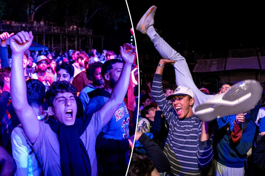 Scenes from a jubilant night at Knicks watch party as excited fans watch team keep season alive