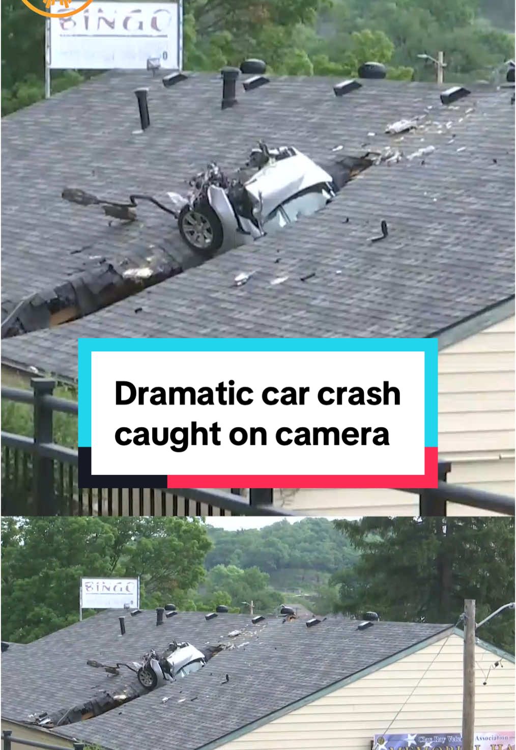 Video shows a dramatic car crash near Kansas City, where a car veered off the highway and into the roof of a local veterans center. Police say the driver was taken to the hospital and no one else was hurt. This is the second time this year that a car has crashed into this particular roof. It is not yet clear what caused the crash. #kansascity