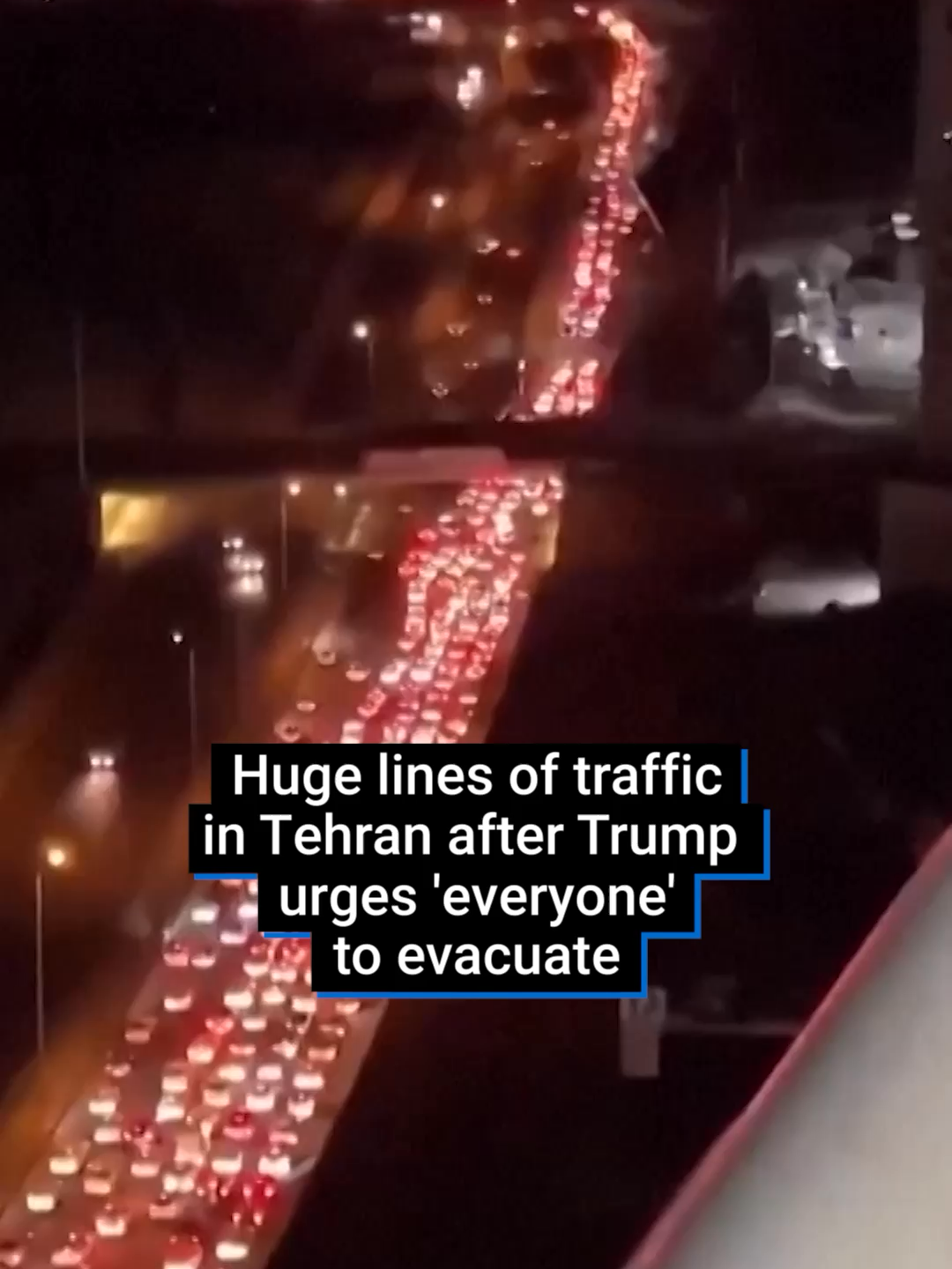 Huge lines of cars were seen moving westward out of Tehran on Monday, as Donald Trump urged ‘everyone’ to ‘immediately evacuate.’ Trump cut his visit to the G7 summit in Canada short to handle the ongoing conflict between Israel and Iran. Iran's health ministry says at least 224 people have been killed by Israeli strikes since Friday, meanwhile the death toll in Israel has risen to 24. #conflict #middleast #worldnews #iran #usanews