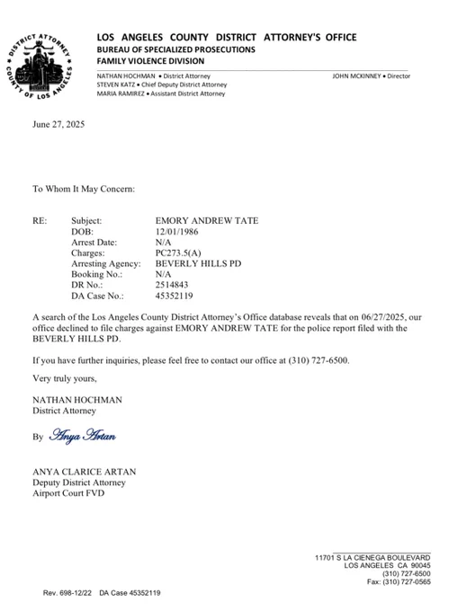 RT by @Cobratate: 🚨HUGE WIN: Andrew Tate CLEARED of CRIMINAL CHARGES in LOS ANGELES! LA DA REJECTS Bri Stern’s false claims after our legal team’s epic fight to expose lies! Truth Triumphs! LET’S GO! 🔥🔥🔥 Let's celebrate— share this W for @Cobratate! pic.twitter.com/NXh9mtgAt3