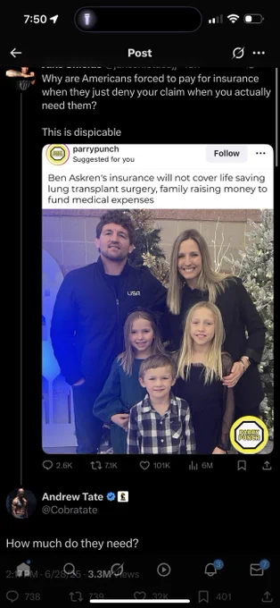 RT by @Cobratate: Ben Askren’s fighting for a lung transplant his insurance won’t cover, and he’s hosting a fundraiser to make it happen. Most influencers would just tweet, “How can I help?” Not Andrew Tate. He cut straight to the point: “How much?” That’s why I’m proud to call Andrew a…