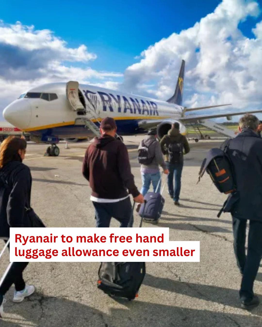 Ryanair is set to reduce the size of their hand luggage allowance. The budget carrier currently allows a free bag the size of 40cm x 25cm x 20cm into the cabin, which fits underneath the seat in front and is around 20 litres. Read the full story above👆🏼 #Ryanair #Travel #Holiday #Luggage #WorldNews