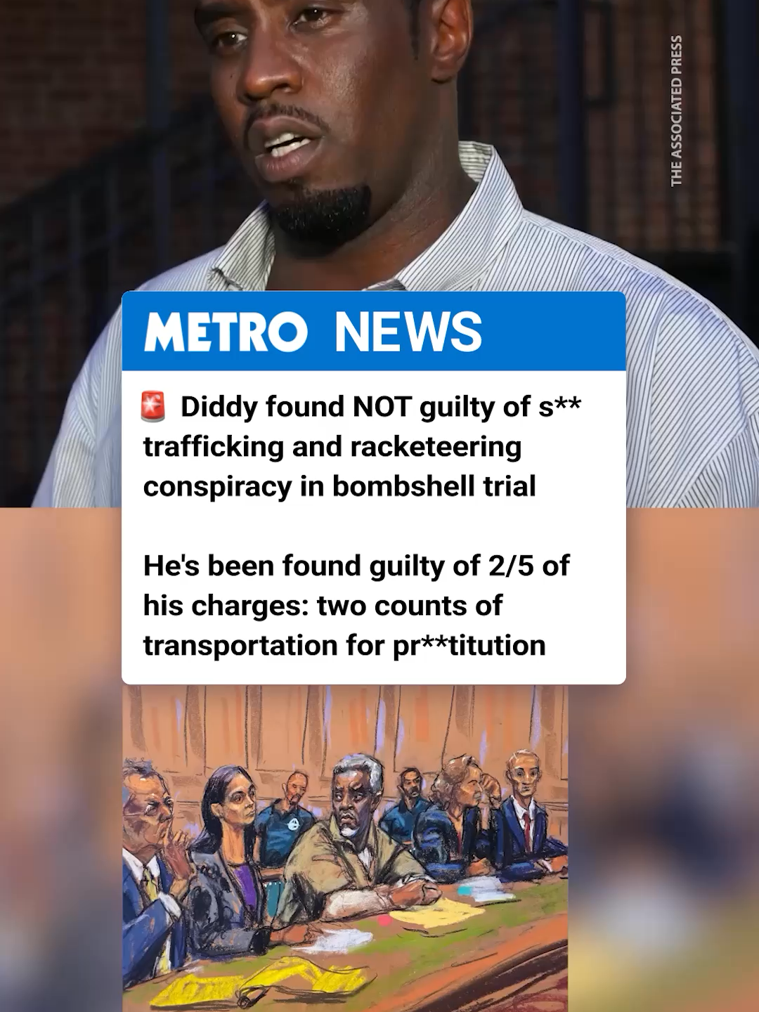 Sean ‘Diddy’ Combs has been found guilty on two counts out of five after his sex trafficking trial finally came to an end. Diddy has been found not guilty of racketeering, and not guilty of s*x trafficking ex-partner Casandra Ventura and another woman referred to as 'Jane.' He is found guilty of transportation to engage in pr*stitution, related to both women. His guilty charges carry a maximum sentence of 10 years but his sentencing will come at a later date. #seandiddy #breaking #usacrime