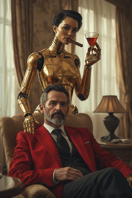 Cyborg servant lighting his cigar, serving a drink