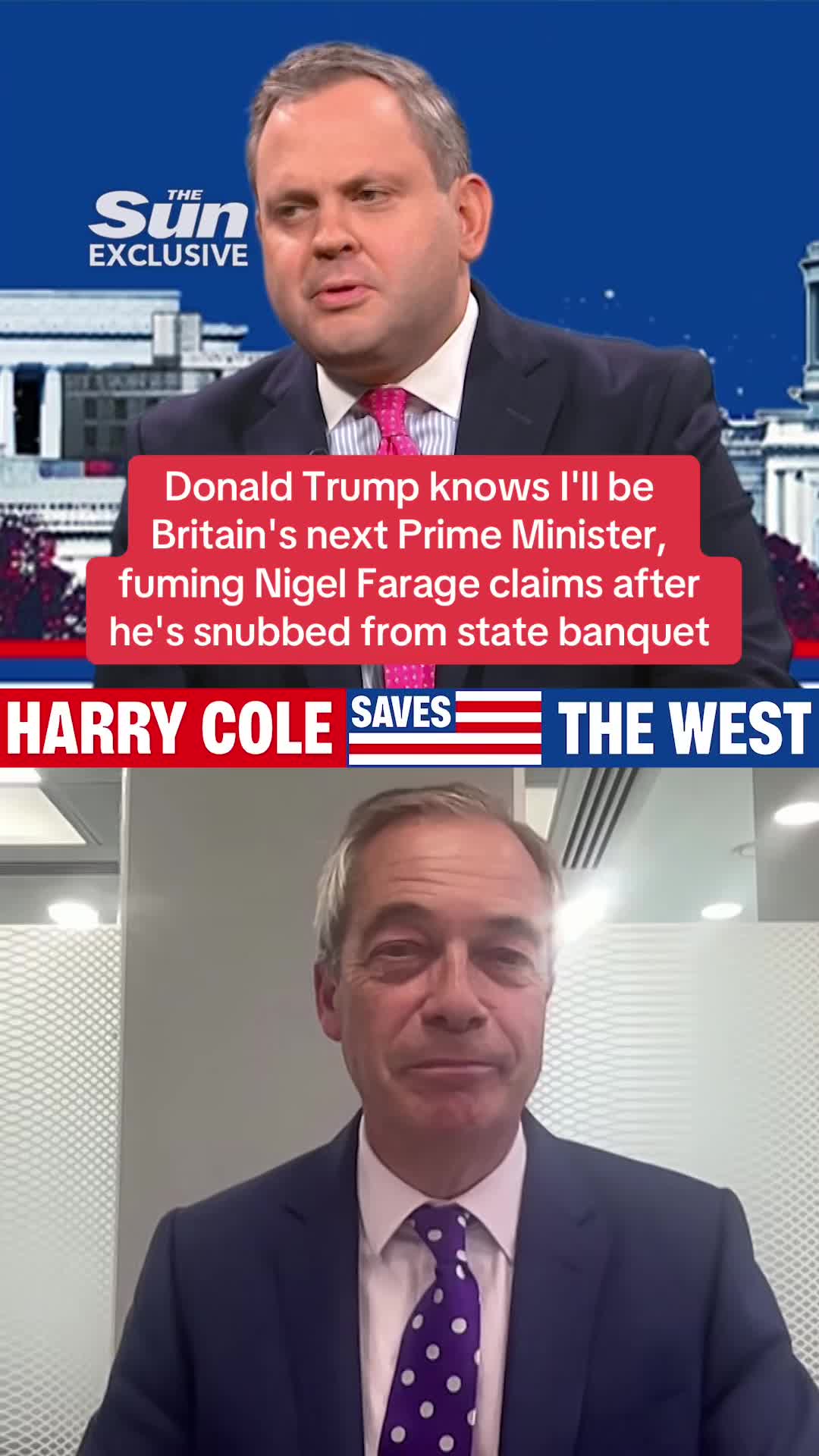 Donald Trump knows I'll be Britain's next Prime Minister, fuming Nigel Farage claims after he's snubbed from state banquet. Watch the interview in full at Harry Cole Saves The West on YouTube. #NigelFarage #Trump #StateBanquet #UKNews #WorldNews