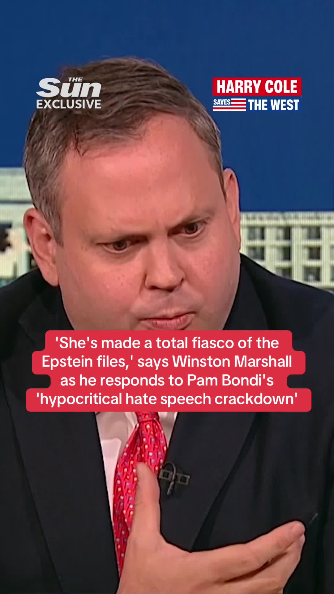 'She's made a total fiasco of the Epstein files,' says Winston Marshall as he responds to Pam Bondi's 'hypocritical hate speech crackdown'. Watch the interview in full at Harry Cole Saves The West on YouTube. #EpsteinFiles #WinstonMarshall #PamBondi #WorldNews