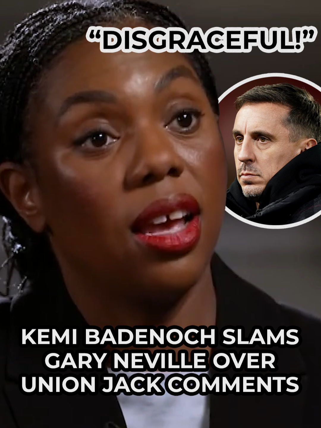 Kemi Badenoch has hit back at Gary Neville following his comments on everyday people flying the British flag. The former Manchester United defender sparked fury after claiming &quot;middle-aged white men putting up Union Jacks&quot; are dividing Britain in the wake of a terrorist attack at a synagogue in Manchester. The Sky Sports pundit launched into a tirade on social media expressing his dismay at &quot;division&quot; in his home city after the Islamist attack - but turned his fire on &quot;white men&quot;. Speaking to GB News Political Editor, Chris Hope, the Conservative Party leader branded Neville's comments as 'disgraceful'. #KemiBadenoch #GaryNeville #UnionJack #Flags #GBNews