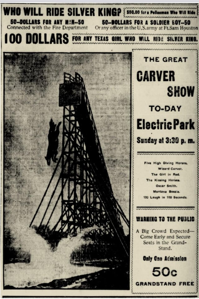 TIL of Oscar Smith a 19 year old man who died in a horse diving tragedy in San Antonio, TX in 1907 at &quot;Doc” Carver's &quot;The Great Carver show&quot; which Carver disputed was a heart attack not a kick from the horse as they both dove into the pool.
