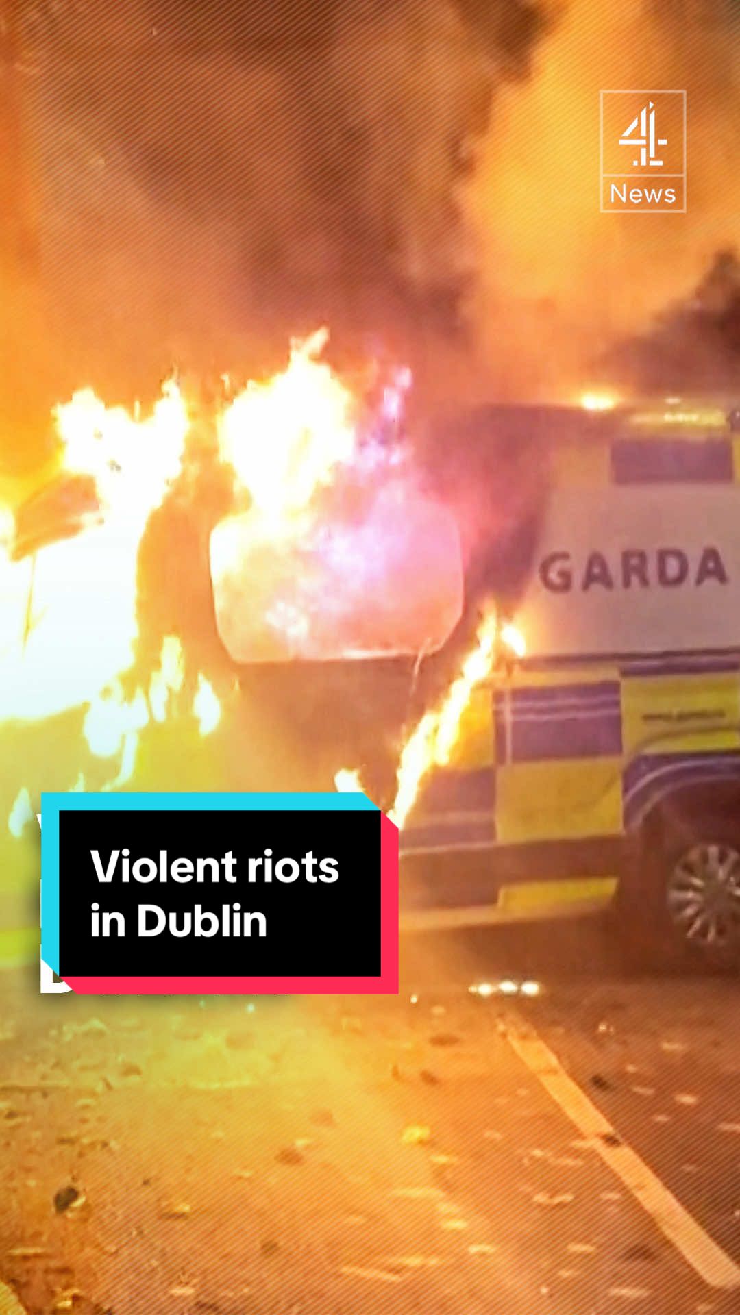 At least six people have been arrested after a violent riot in Dublin outside a hotel for asylum seekers. Police were attacked with fireworks, bottles and bricks with rioters also setting a police vehicle on fire. As many as 2,000 people gathered outside the Citywest hotel Tuesday night, the second night of demonstrations after a 26-year-old man in the hotel was charged in connection to an alleged sexual assault on a ten-year-old victim in the area. Social media and Telegram channels escalated the protest to draw in more people, with more police drafted in from across the region to keep the rioters back. Police expect to track down more rioters from social media footage. #News #Channel4News