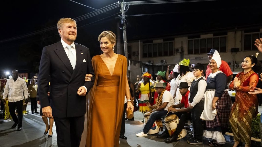 Queen Maxima of the Netherlands dazzles in her favourite tiara alongside King Willem-Alexander for a state banquet in Suriname