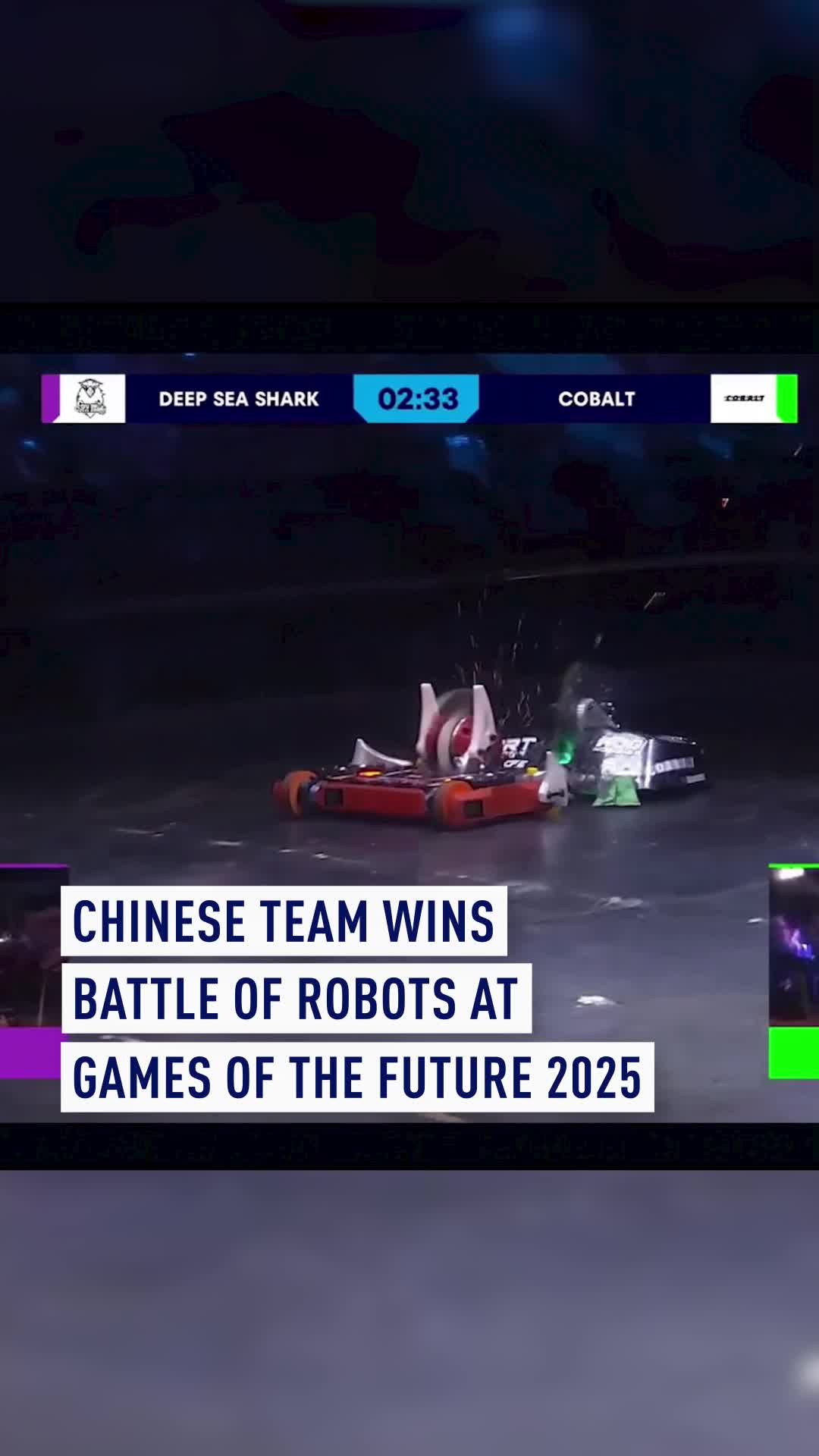 A Chinese team has won the Battle of Robots at the Games of the Future 2025, which opened in Abu Dhabi, the United Arab Emirates. The competition brought together 16 teams from countries including the United States, Russia, Belarus and India. The championship-winning robot, named Deep Sea Shark, weighs 110 kilograms and can reach speeds of up to 28 kilometres per hour. The robot features upgrades to improve performance during combat and a modular design for quick repairs. #China #Robotics #BattleOfRobots #GamesOfTheFuture #AbuDhabi
