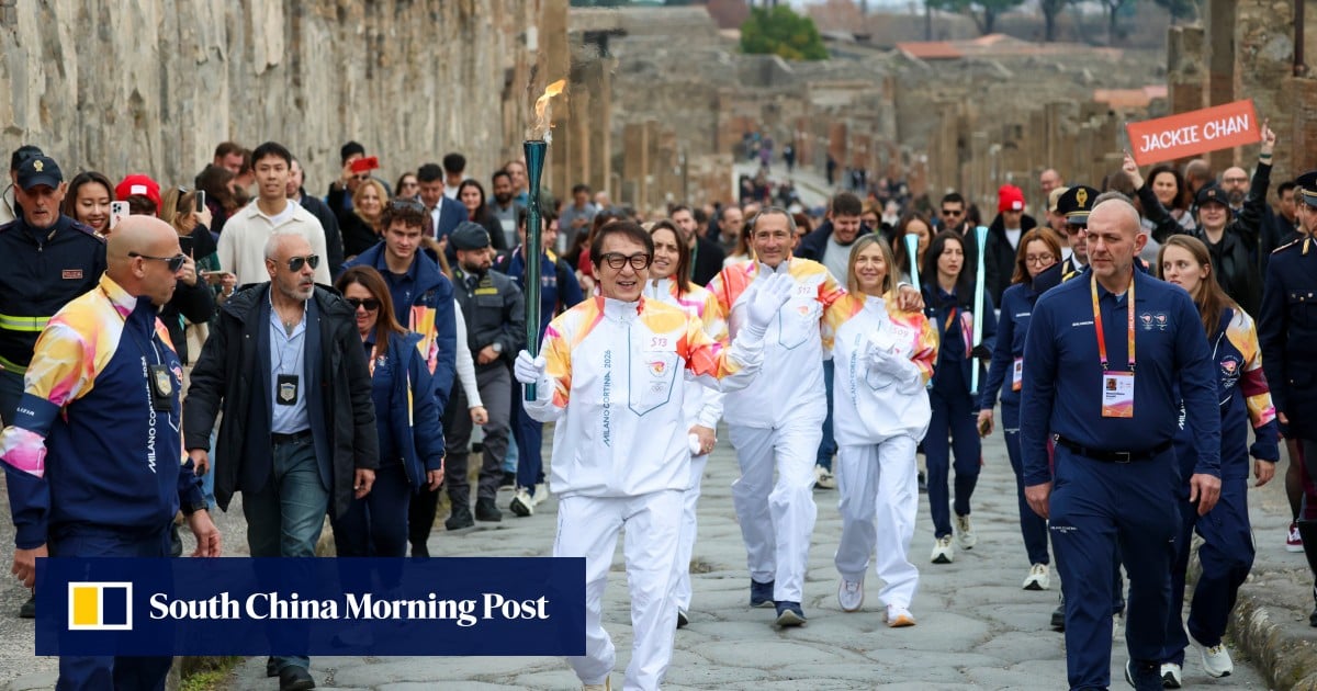 Jackie Chan carries the 2026 Milano Cortina Olympic torch through the ruins of Pompeii