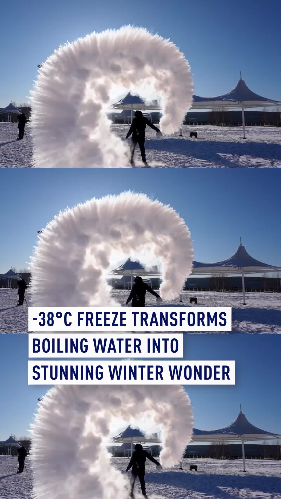 A breathtaking winter spectacle unfolded in Inner Mongolia’s Genhe City as temperatures plunged to a bone-chilling -38°C. On Wednesday, nearly a thousand residents and tourists gathered outdoors, tossing hot water into the freezing air. In seconds, the water vapor rose, condensed, and burst into countless ice crystals, refracting sunlight into a dazzling, galaxy-like display. #WinterWonder #ExtremeCold #InnerMongolia #FrozenMoments #TravelChina