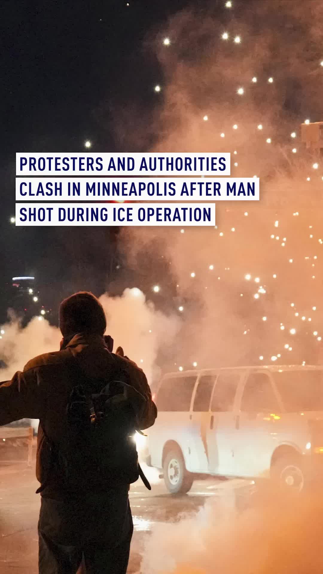 A car was vandalised following chaotic clashes in Minneapolis between authorities and civilians after a man was shot in a federal immigration operation on Wednesday (January 14), according to local media and authorities. A Venezuelan national was pursued by U.S. immigration agents during a "targeted" traffic stop in Minneapolis was shot in the leg on Wednesday by a federal officer ambushed by two others wielding a broomstick and snow shovel, authorities said. Protests broke out around the cordon site of the incident, where fireworks were set off and gas was used by authorities "multiple times", according to police chief, Brian O'Hara. #Minneapolis #ICE #Protests #USPolitics #Immigration