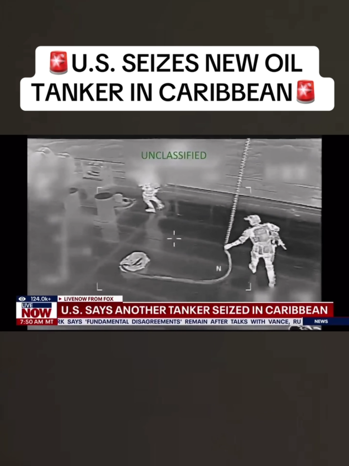 U.S. Central Command said in a post: "In another pre-dawn action, Marines and Sailors from Joint Task Force Southern Spear, in support of the Department of Homeland Security, launched from USS Gerald R. Ford (CVN 78) and apprehended Motor/Tanker Veronica without incident. The Veronica is the latest tanker operating in defiance of President Trump’s established quarantine of sanctioned vessels in the Caribbean, proving the effectiveness of Operation Southern Spear yet again."