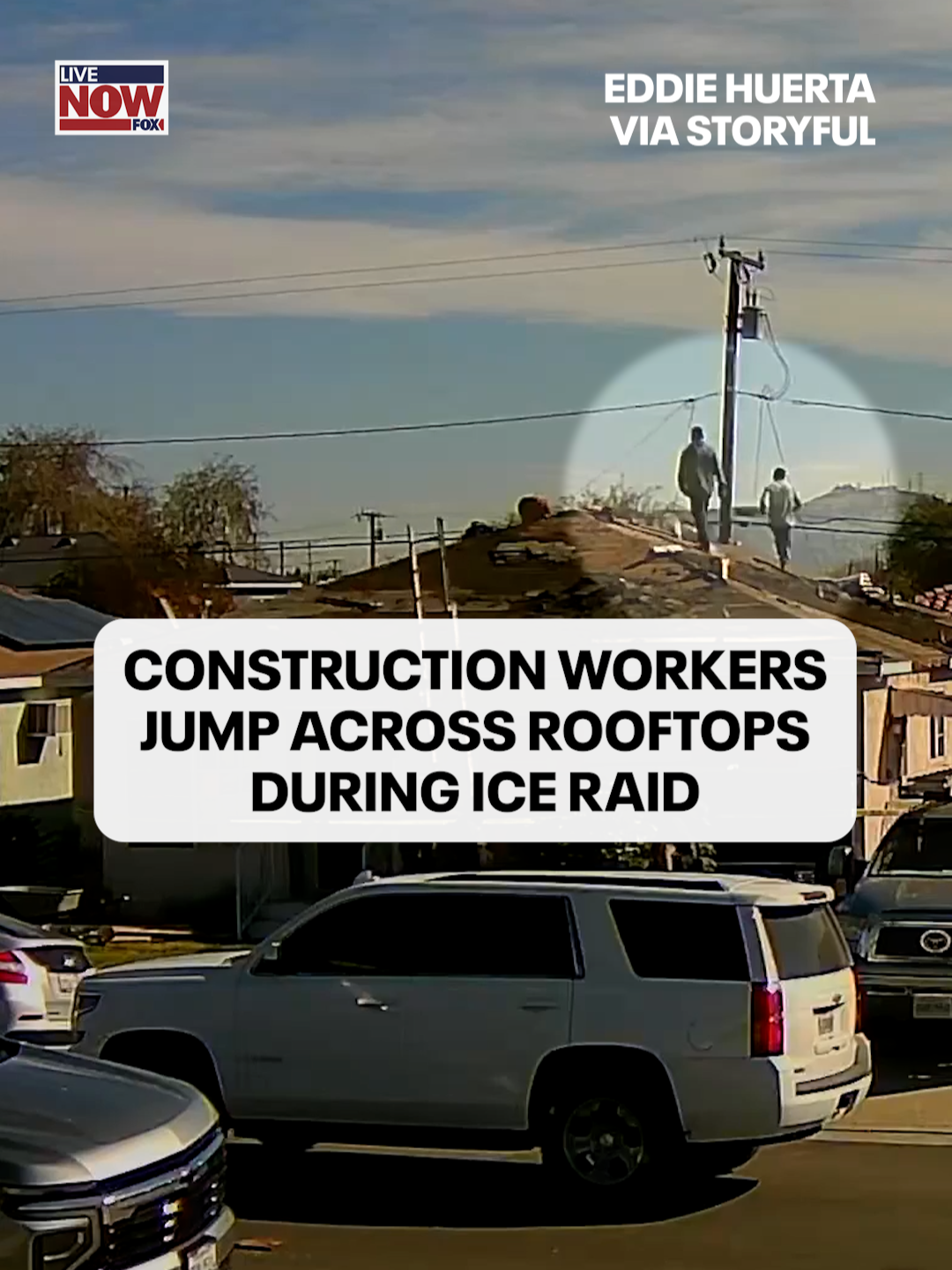 WATCH: Dramatic video captures an ICE raid at a construction sire in Southern California. Surveillance video from Eddie Huerta shows Immigration and Customs Enforcement agents pulling up to a house, causing the workers to panic. Two of the workers scaled a ladder, before jumping to neighboring roofs to evade the agents. No one was detained during this particular raid, according to local news sources.