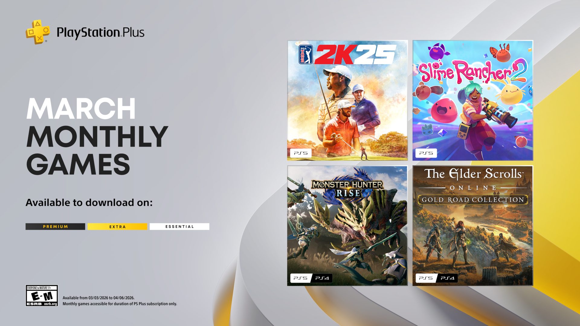 PlayStation Plus Monthly Games for March: PGA Tour 2K25, Monster Hunter Rise, Slime Rancher 2, The Elder Scrolls Online Collection: Gold Road
