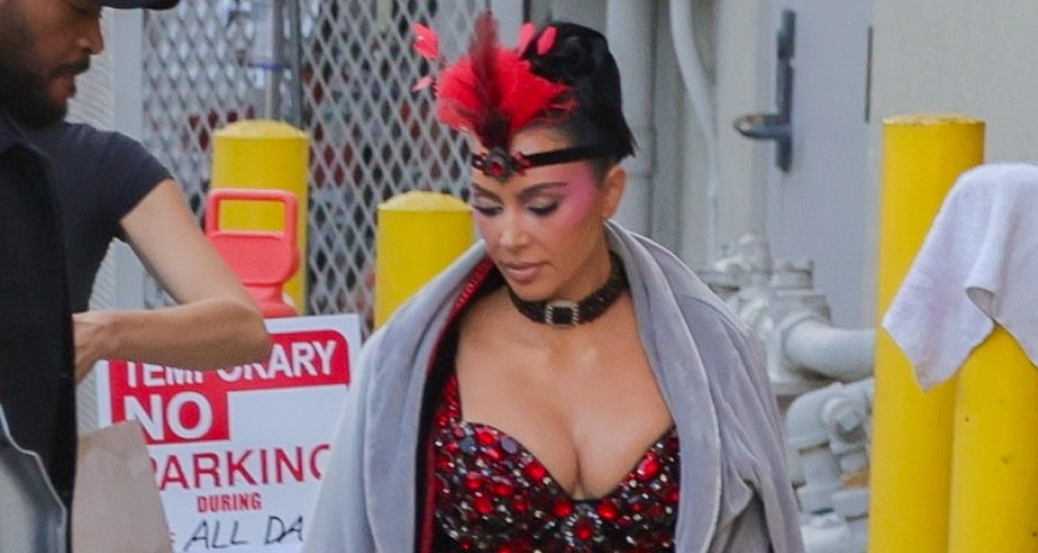 Kim Kardashian Wears Red &amp; Black Showgirl Costume on ‘The Fifth Wheel’ Set in L.A. | Just Jared: Celebrity News and Gossip