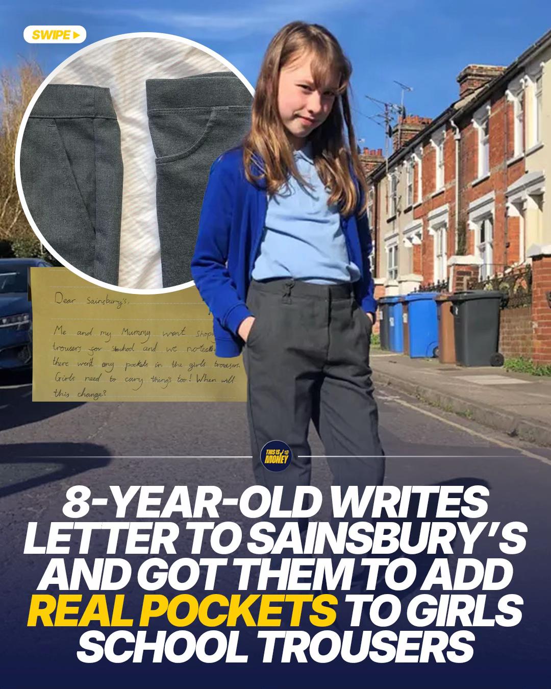 An eight-year-old girl has successfully campaigned for school trousers to include real pockets after complaining they were sewn shut. The youngster wrote to Sainsbury's after noticing boys’ trousers had usable pockets while hers did not. Following her complaint, the retailer confirmed it would update the design - with the girl celebrating the change as a win for fairness. #ThisIsMoney #Money #News #UK