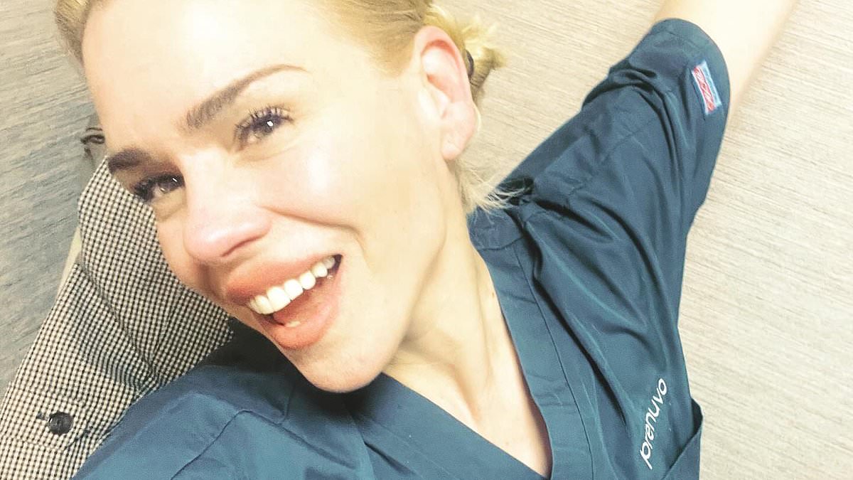 Billie Piper becomes the latest celebrity to get a controversial £1,495 private full body 'medical MOT' for free as she poses for a pre-scan shoot in her gown