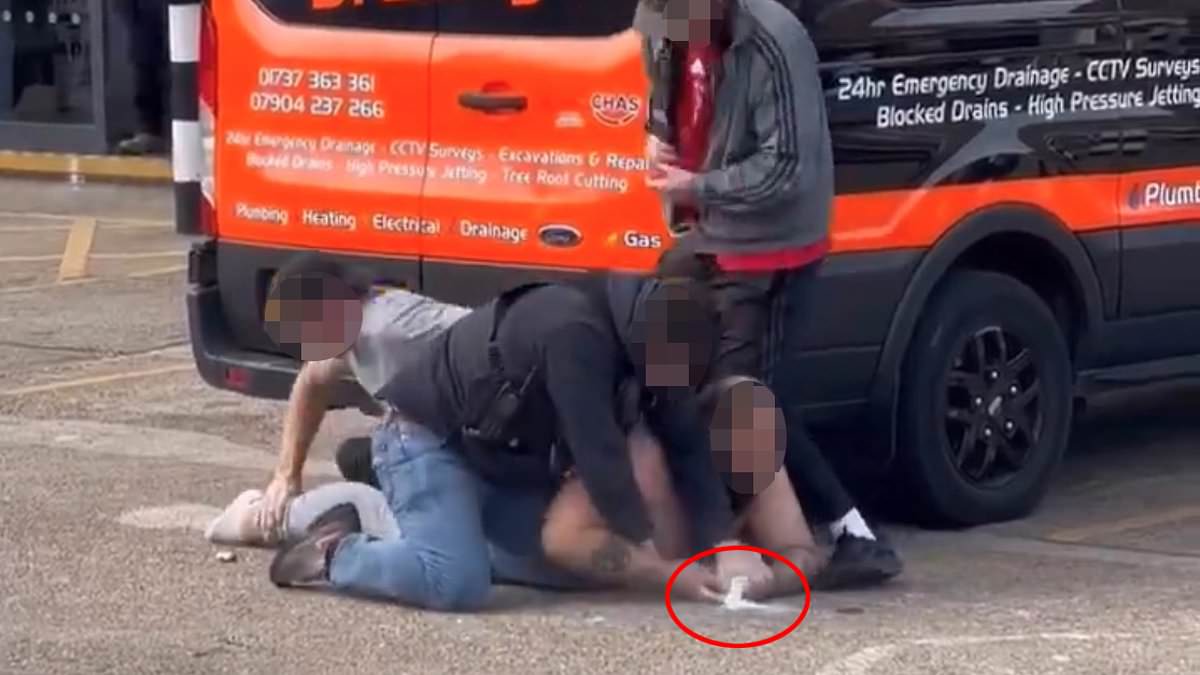 Plain-clothed police grapple with topless drug dealer suspect as he sends white powder swirling everywhere in the struggle