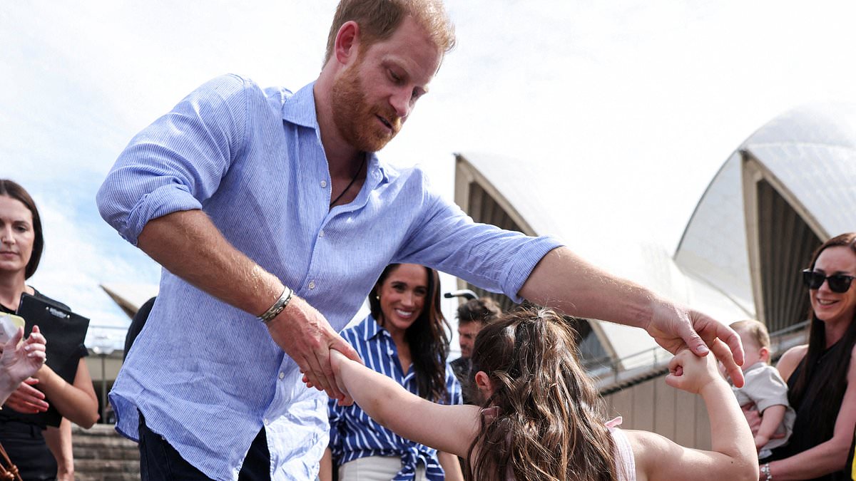 Prince Harry sweetly twirls young fan around before accepting customised 'Hazza' and 'Megs' flip-flops as he and Meghan conclude their quasi-royal Australia tour in Sydney