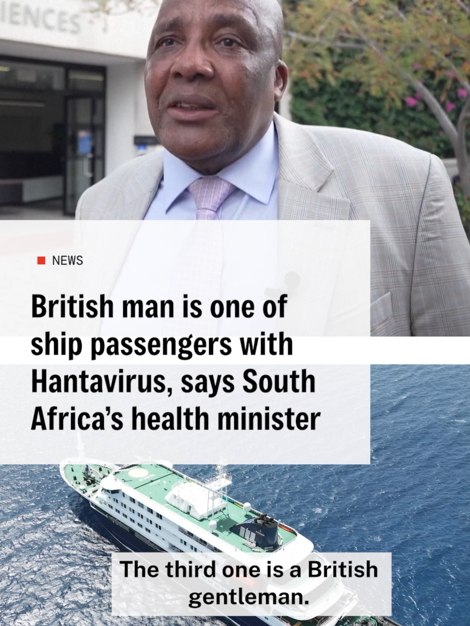 South Africa's health minister has confirmed that a British man is among cruise ship passengers with suspected Hantavirus. The man is in critical condition at a private hospital in Johannesburg after being airlifted from Ascension island. Two other passengers from the Netherlands-based ship, which was travelling from Argentina to Cape Verde, have passed away. #hantavirus #cruiseship