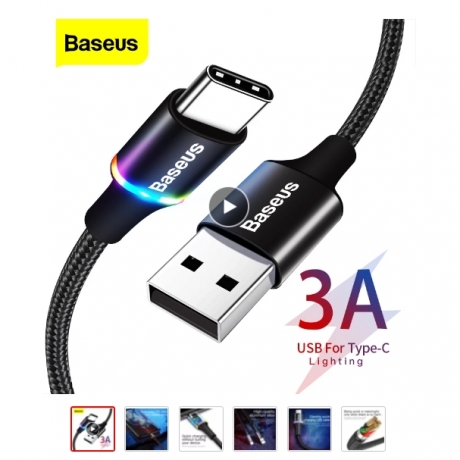 Baseus LED USB Type C Cable For Samsung S20 S21 Xiaomi POCO Fast Charging Wire Cord USB-C Charger Mobile Phone USBC Type-C Cable 3 Meter